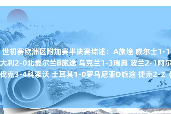 世初赛欧洲区附加赛半决赛综述：A旅途 威尔士1-1（点球2-4）波黑 意大利2-0北爱尔兰B旅途 乌克兰1-3瑞典 波兰2-1阿尔巴尼亚C旅途 斯洛伐克3-4科索沃 土耳其1-0罗马尼亚D旅途 捷克2-2（点球4-3）爱尔兰丹麦4-0北马其顿独家看英超就在咪咕体育录像/图片